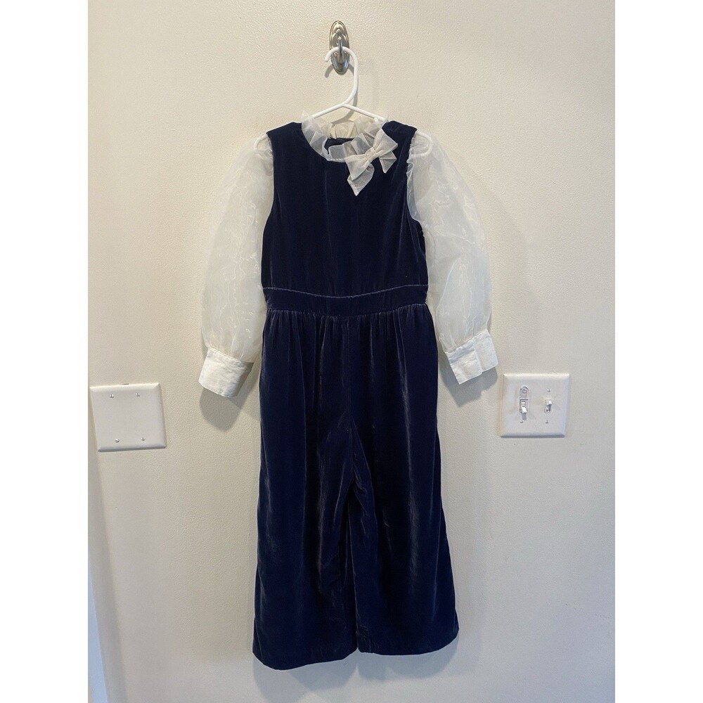 Janie and Jack Girls Velvet Wide Leg Romper Jumpsuit Size 6 Navy Blue Holiday